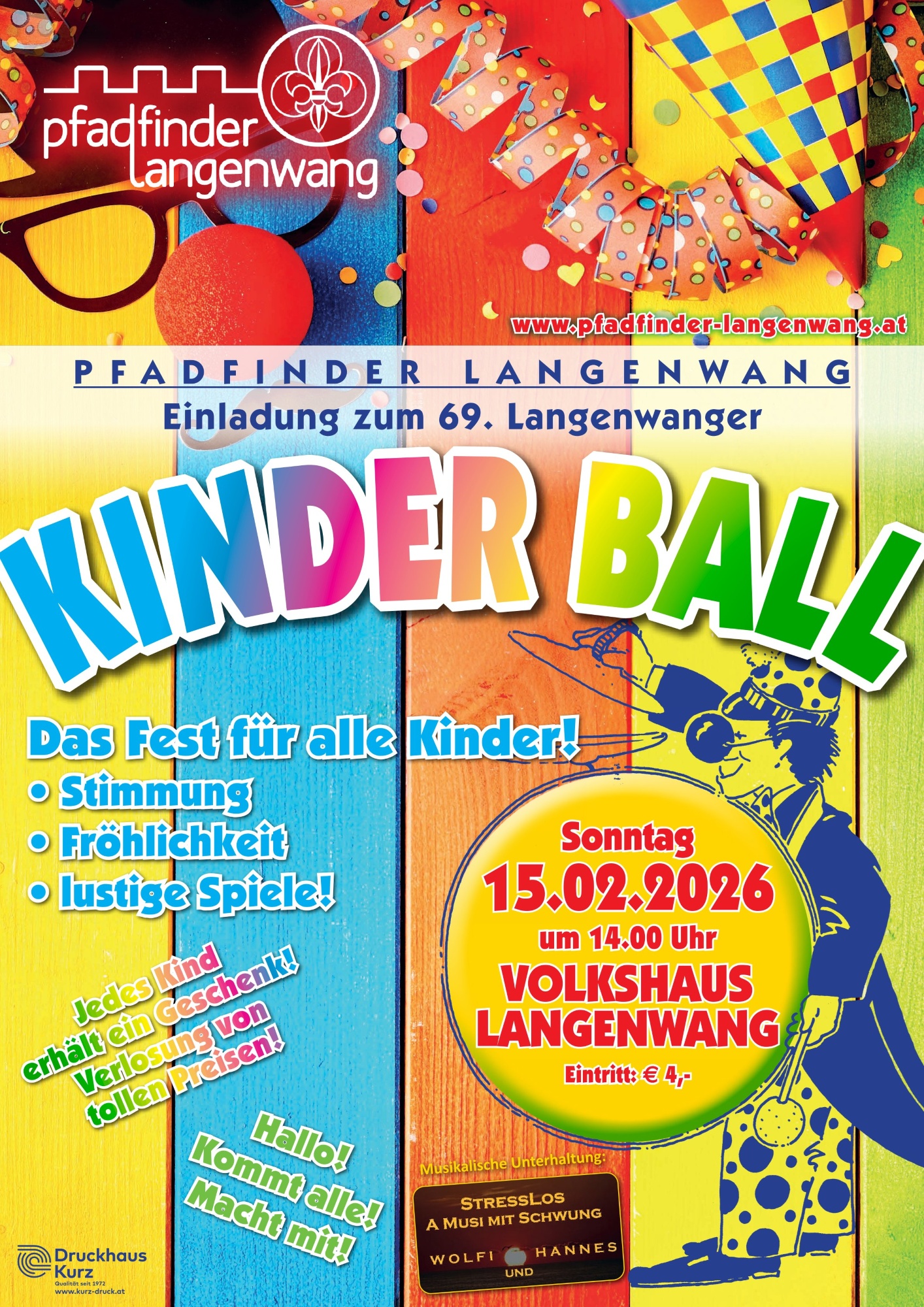 Plakat: Einladung zum 69. Langenwanger Kinderball (15.02.2026, 14:00 Uhr, Volkshaus Langenwang, Eintritt 4 EUR)